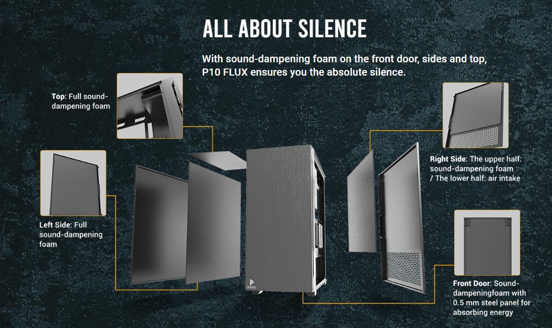 All about Silence With sound dampening foam on the front door, sides and top, P10 FLUX ensures you the absolute silence.