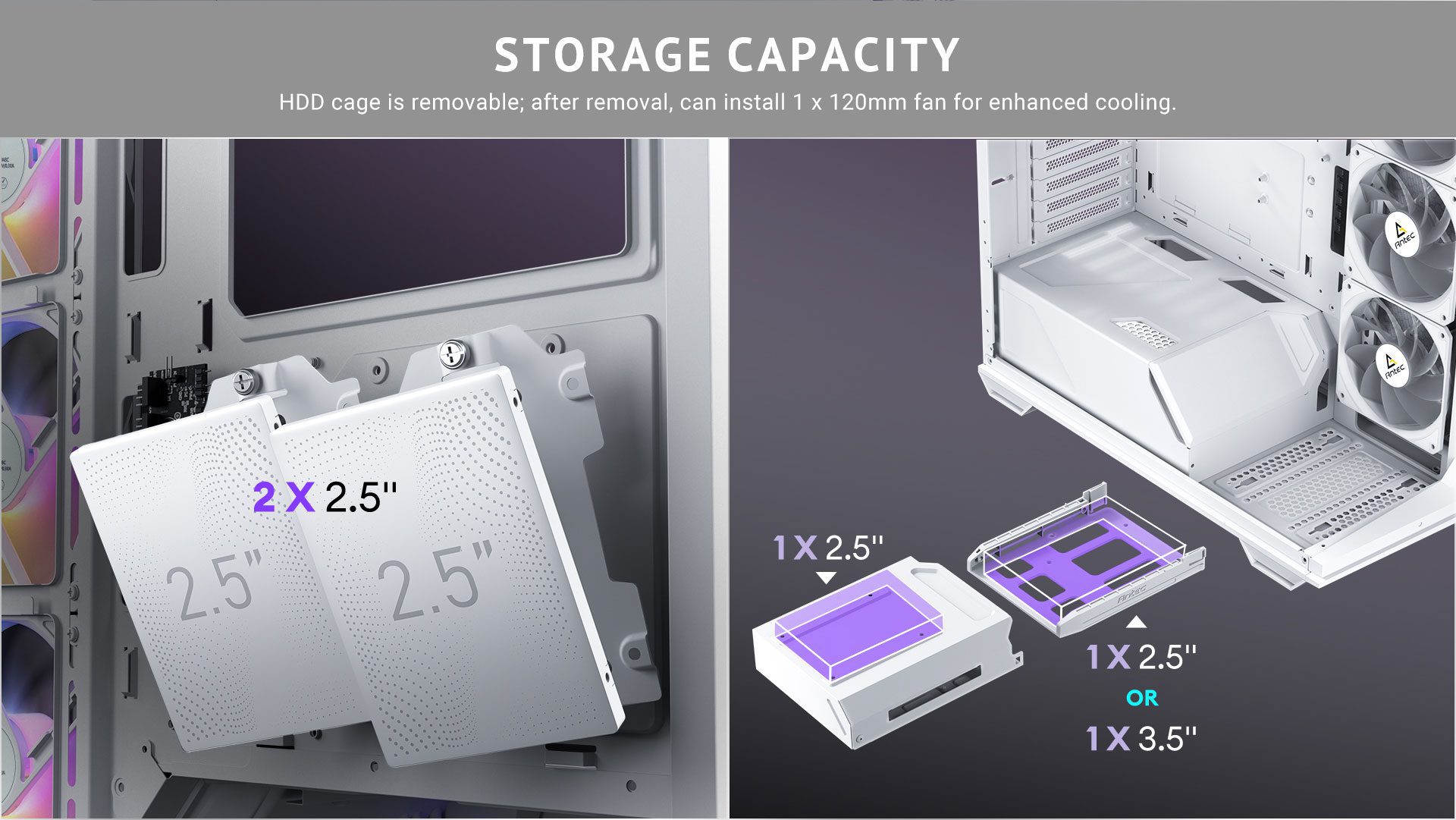 Storage Capacity HDD cage is removable; after removal, can install 1 x 120mm fan for enhanced cooling.