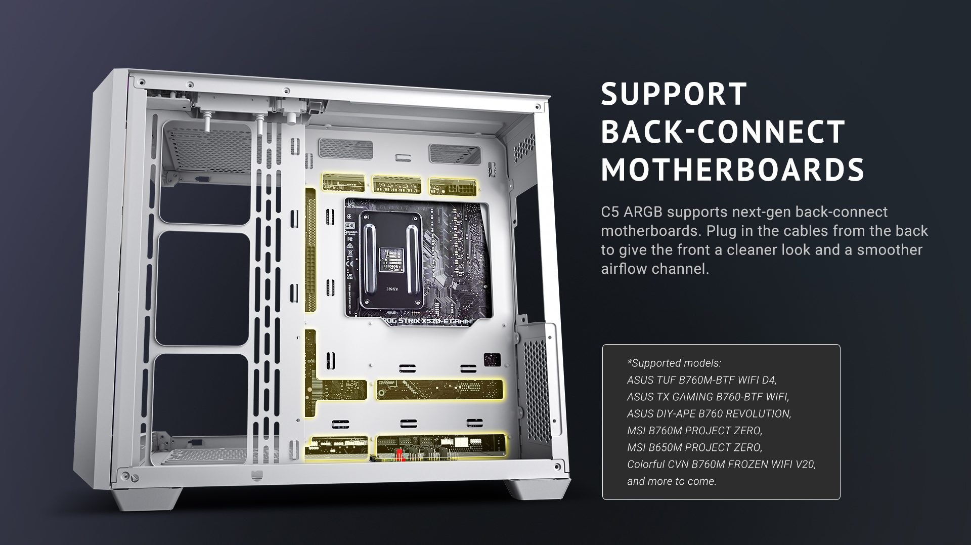 Support back-connect motherboards C5 ARGB supports next-gen back-connect motherboards