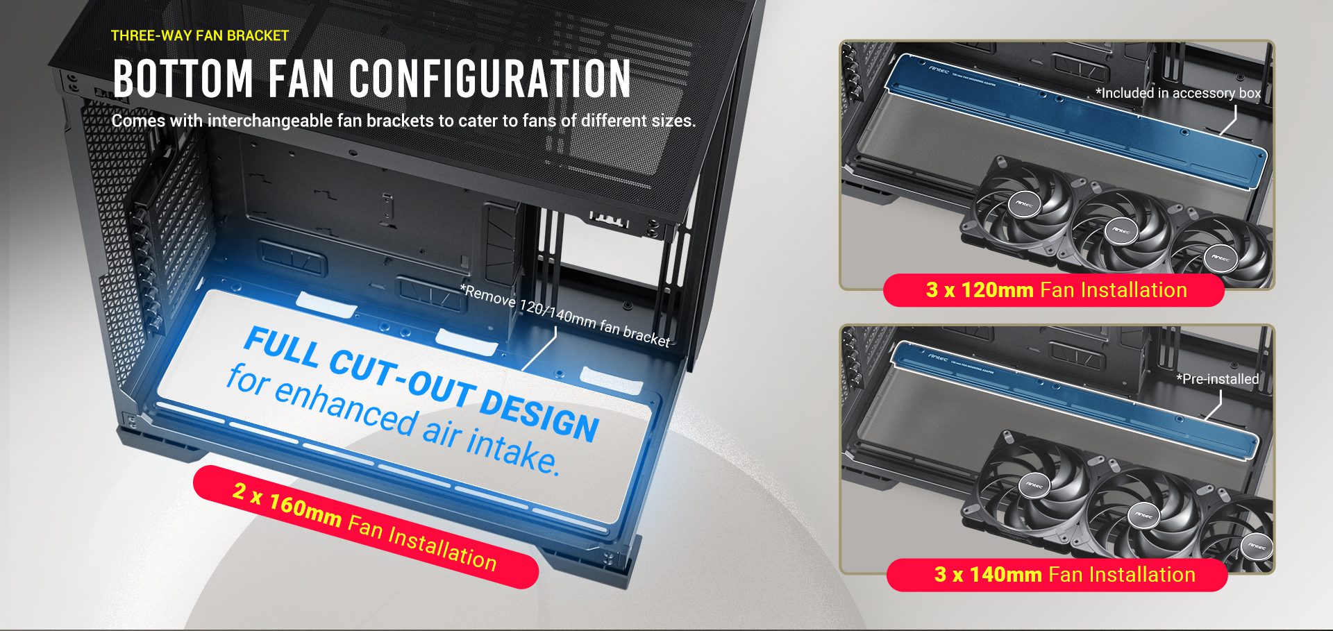 THREE-WAY FAN BRACKET Bottom fan configuration