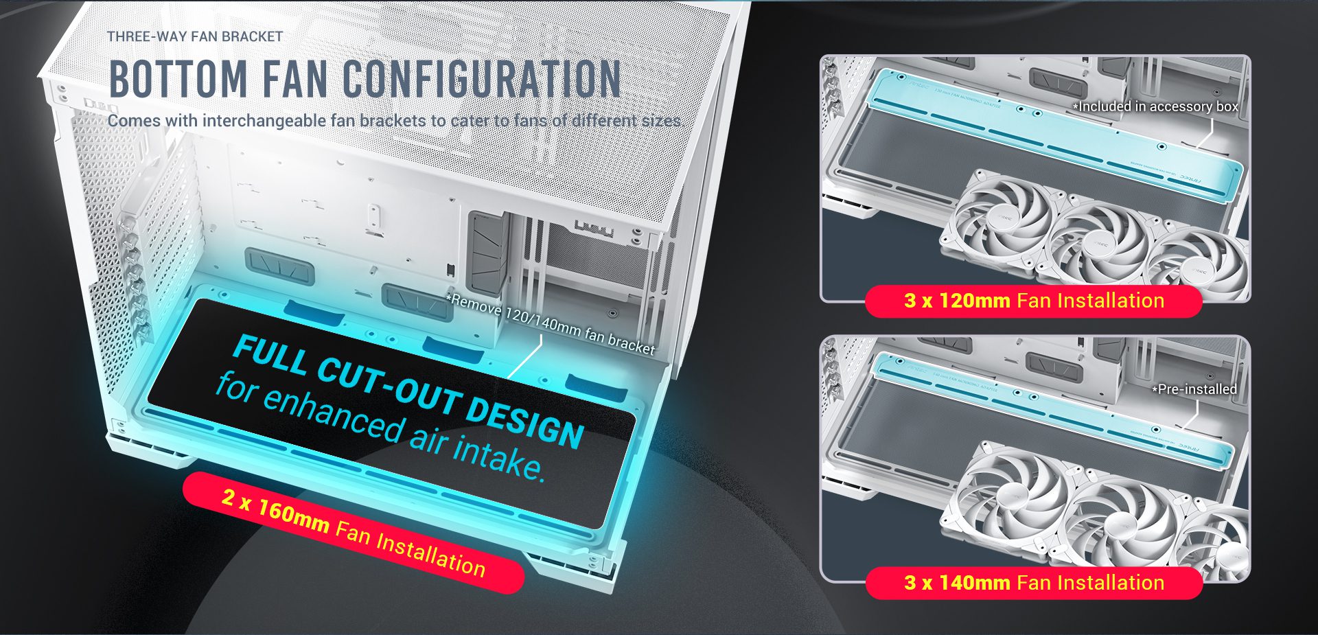 THREE-WAY FAN BRACKET Bottom fan configuration