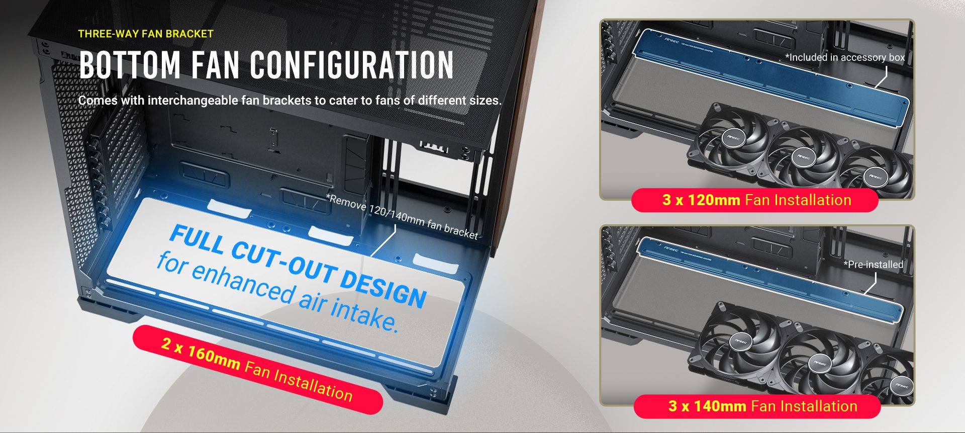 THREE-WAY FAN BRACKET Bottom fan configuration