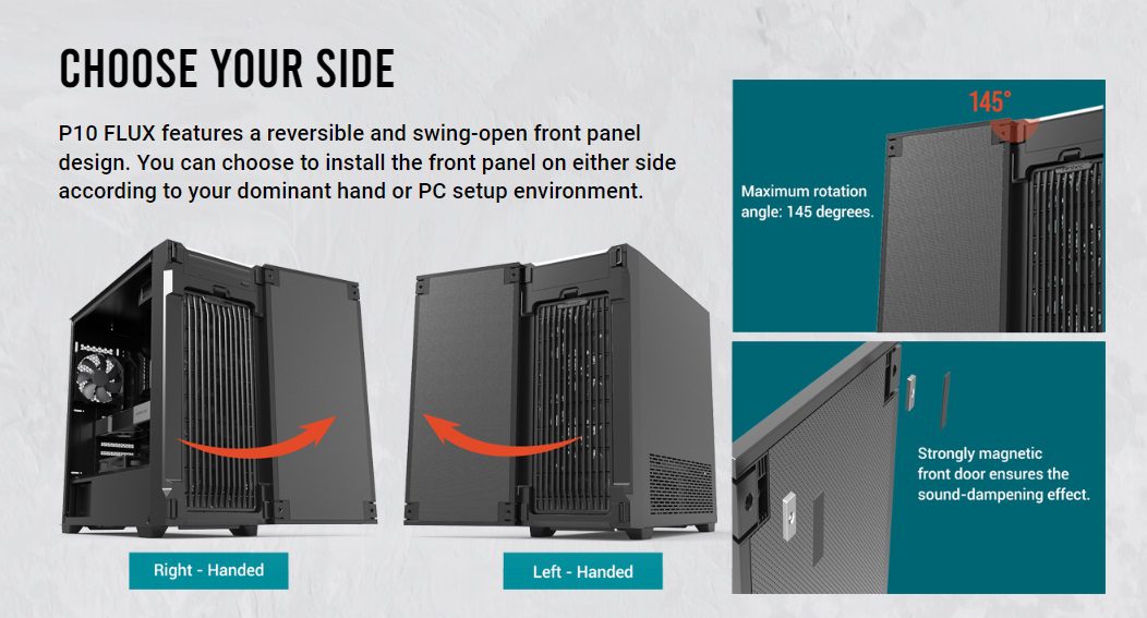 Choose Your Side P10 FLUX features a reversible and swing-open front panel design