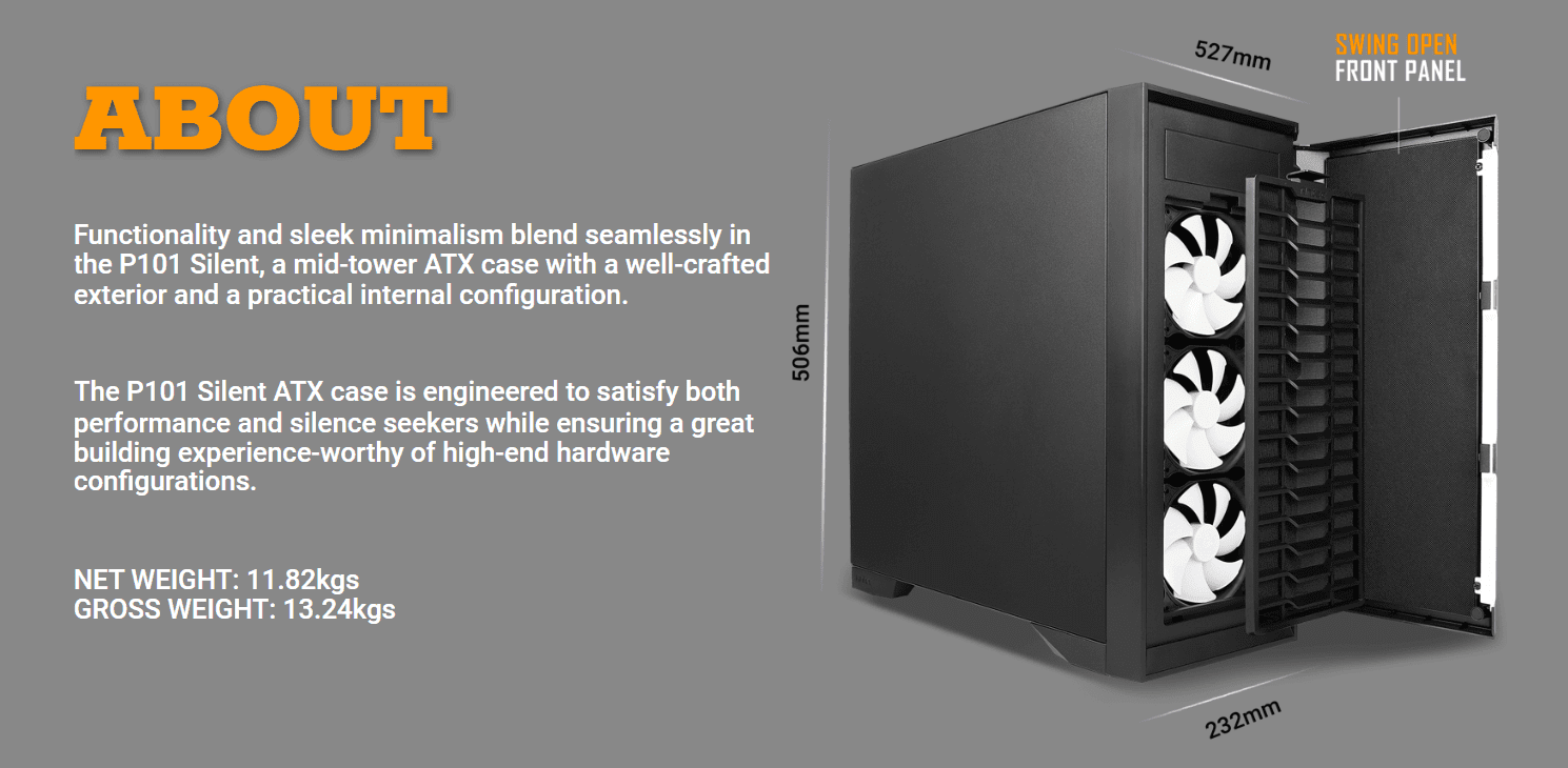 P101 Silent, a mid-tower ATX case with a well-crafted exterior and a practical internal configuration.