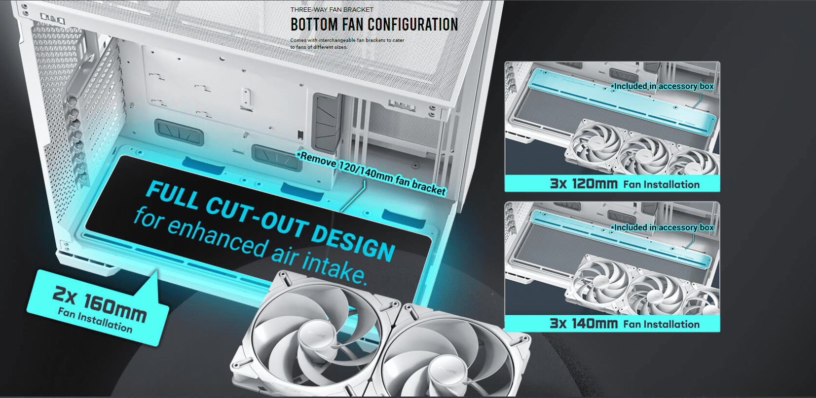 THREE-WAY FAN BRACKET Bottom fan configuration