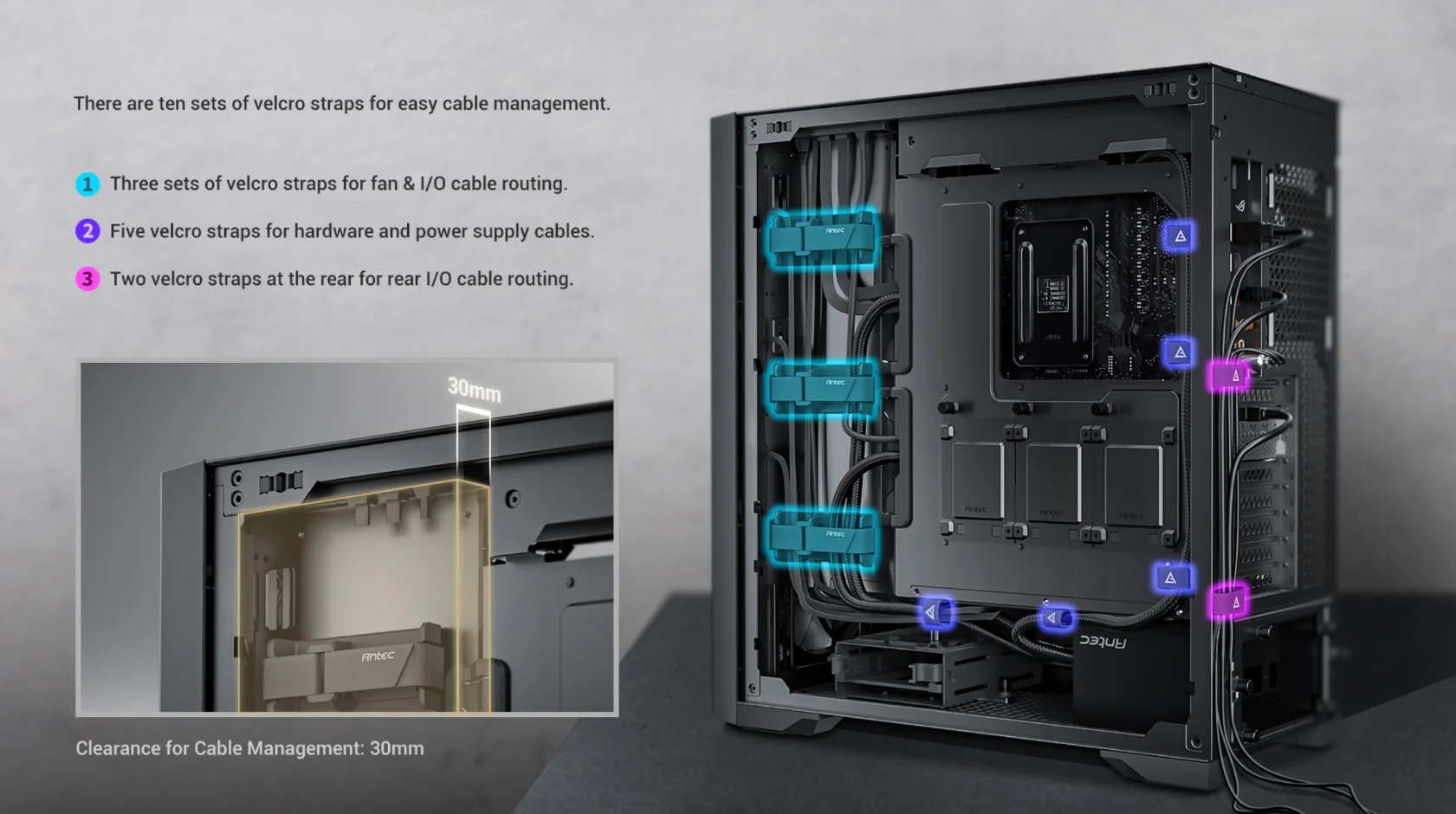 There are ten sets of velcro straps for easy cable management.